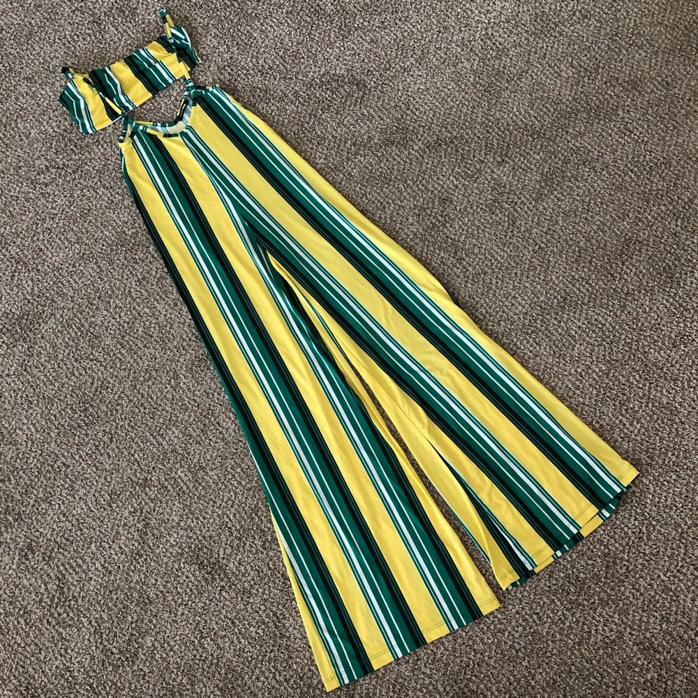 2 piece yellow and green stripe jumpsuit